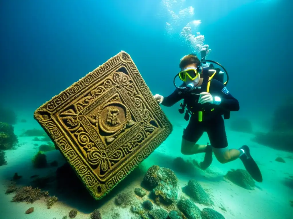 Exploración submarina: Misterioso artefacto en el Triángulo de las Bermudas Un buceador arqueólogo explora un enigmático artefacto antiguo en el Triángulo de las Bermudas