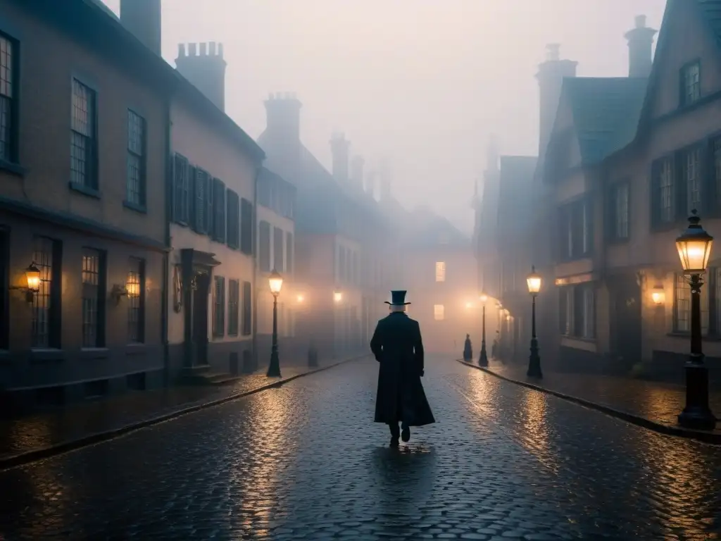 Misterio en la Calle Franklin: figura en la neblina Una calle empedrada cubierta de neblina al anochecer, con faroles victorianos que arrojan una luz tenue y parpadeante