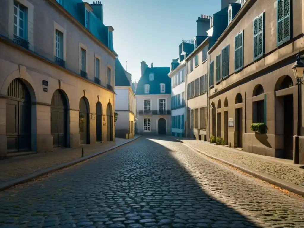 Calle empedrada cubierta de niebla en Nantes, Francia, con edificios históricos que parecen acechar en la penumbra