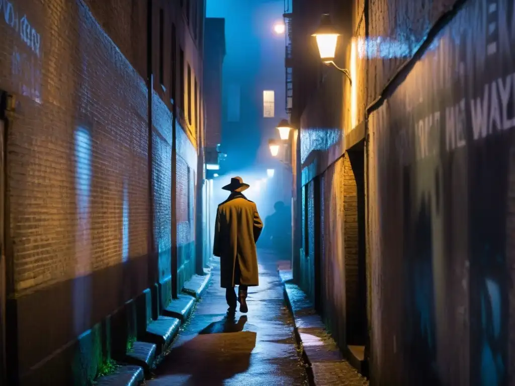 Alleyway misterioso en la ciudad: intriga nocturna Un callejón misterioso y sombrío en una ciudad bulliciosa de noche, con leyendas urbanas en las paredes