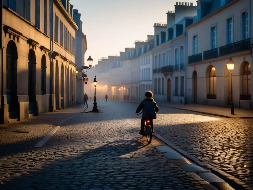 Calles desiertas de Nantes al anochecer, con farolas iluminando sombras largas en la niebla