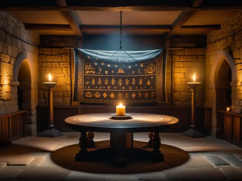 Chamber medieval misteriosa con mesa redonda y símbolos antiguos Una cámara medieval en penumbra con tapices, mesa de madera iluminada por una vela y sillas vacías