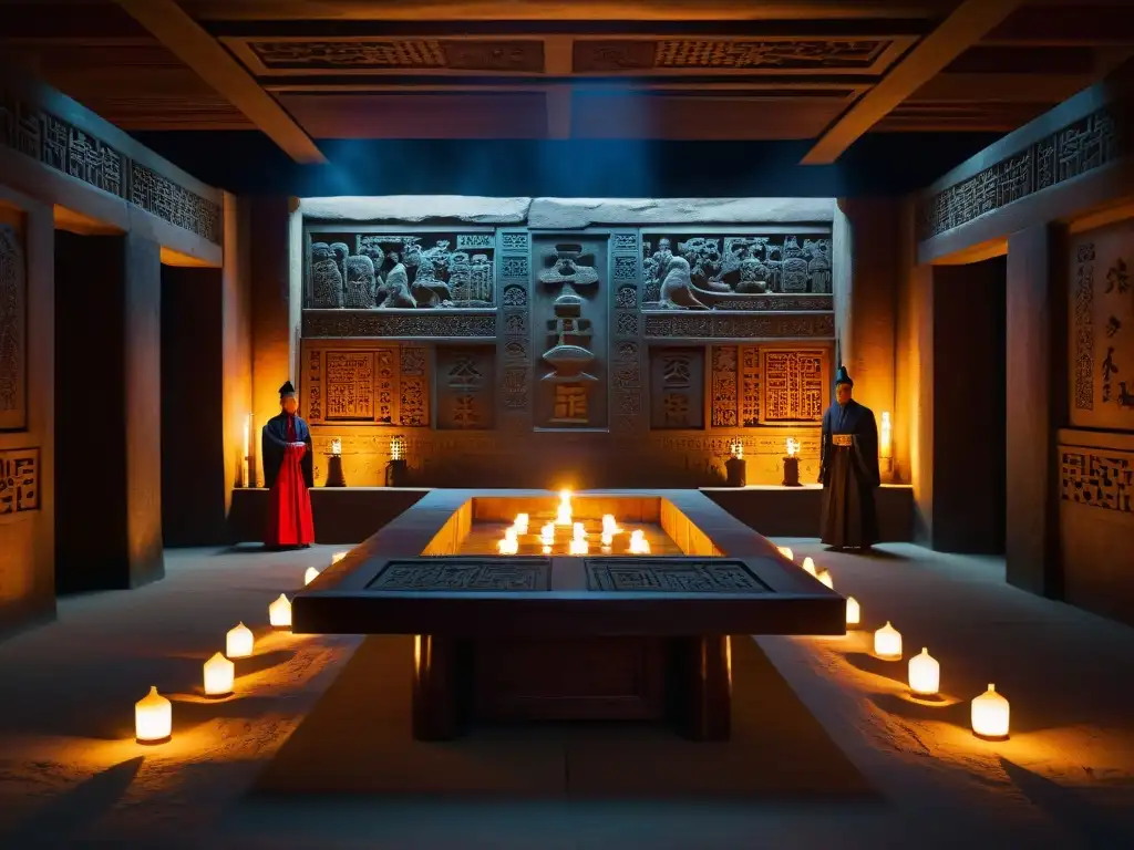 Reunión secreta en cámara subterránea de la antigua China En una cámara subterránea de China Imperial, figuras encapuchadas sostienen una reunión secreta alrededor de una mesa de piedra, iluminados por velas