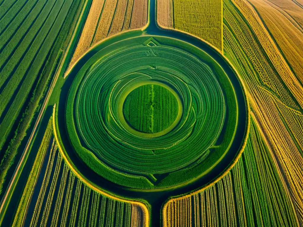 Misterioso círculo de cultivo: diseño extraterrestre en campos dorados Campo de trigo con círculo de cultivos misterioso de origen extraterrestre en la luz dorada del sol