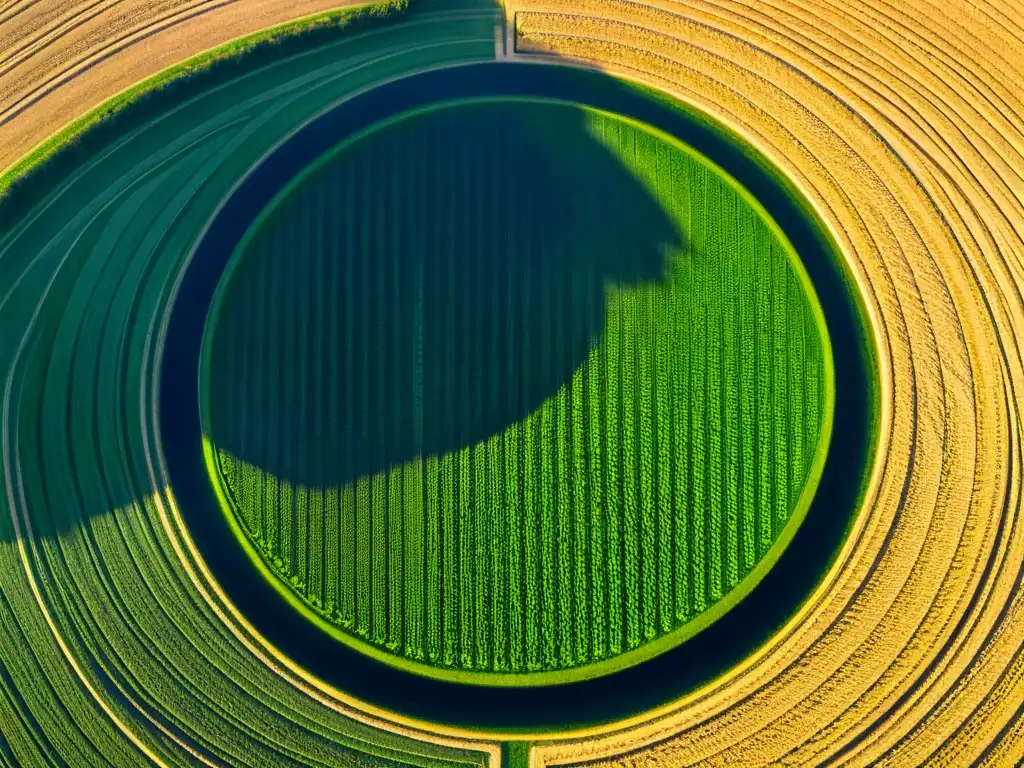 Campo de trigo con diseño de círculos enigmáticos Un campo de trigo con un círculo de cultivos misterioso y detallado, deslumbrando con su intrincado diseño