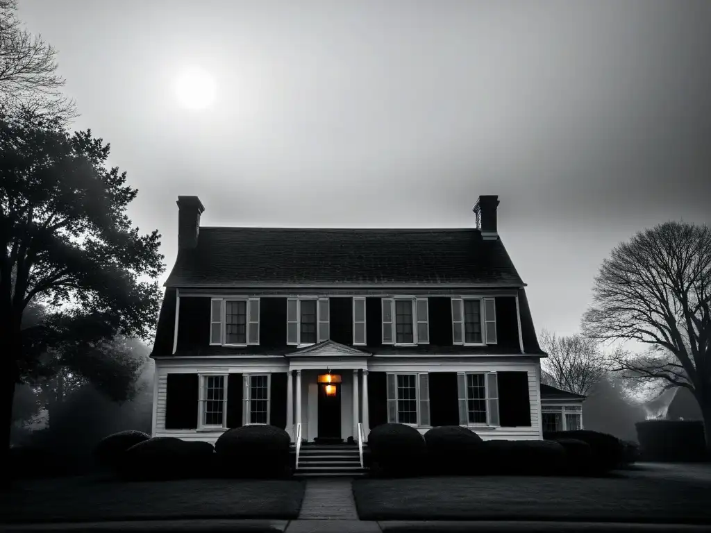 La Casa Amityville en blanco y negro, envuelta en niebla, con sus icónicas ventanas de cuarto de luna destacando en un ambiente inquietante