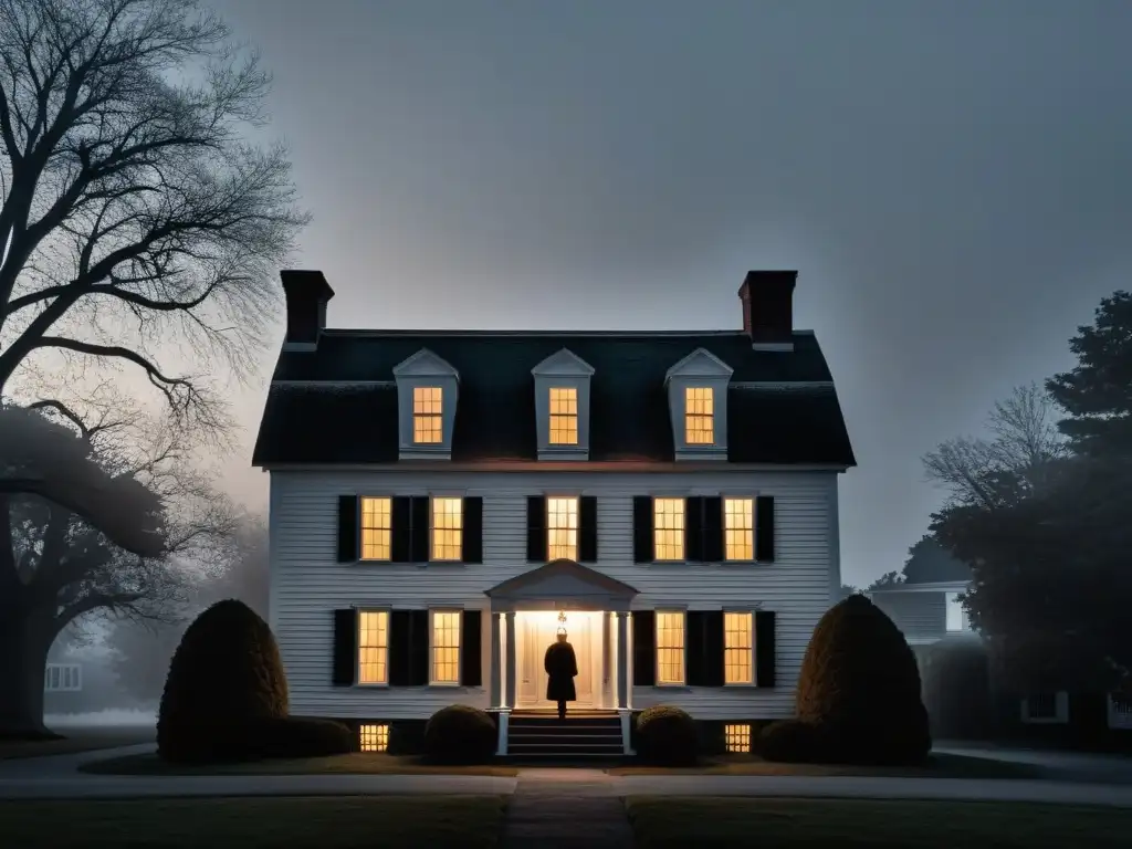 La casa de Amityville, historia paranormal horrorífica: misteriosa silueta en la ventana al anochecer