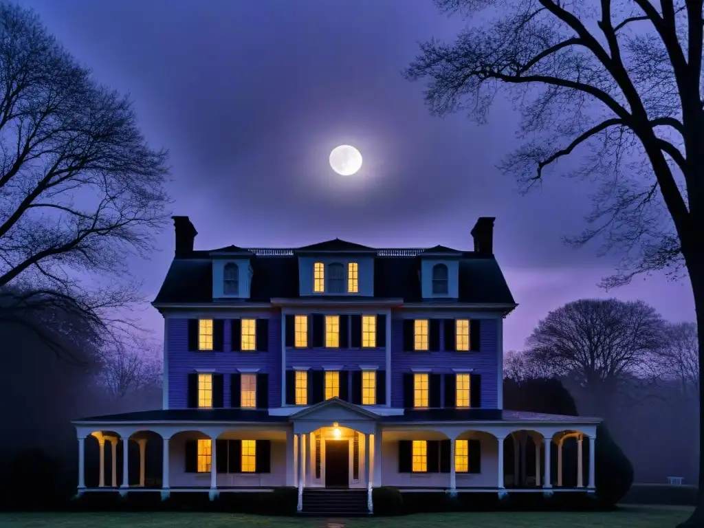 Casa Amityville historia paranormal horror: La icónica casa al anochecer, envuelta en niebla con árboles siniestros y una luz solitaria en la ventana