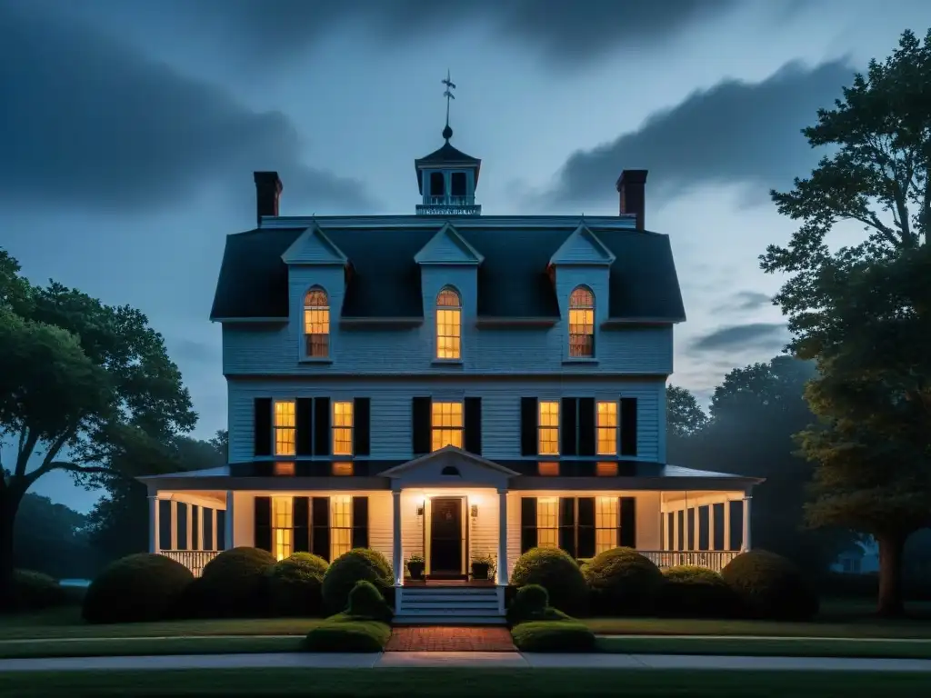 Casa Amityville historia paranormal horror: La icónica casa envuelta en misterio al anochecer, iluminada por una luz fantasmal