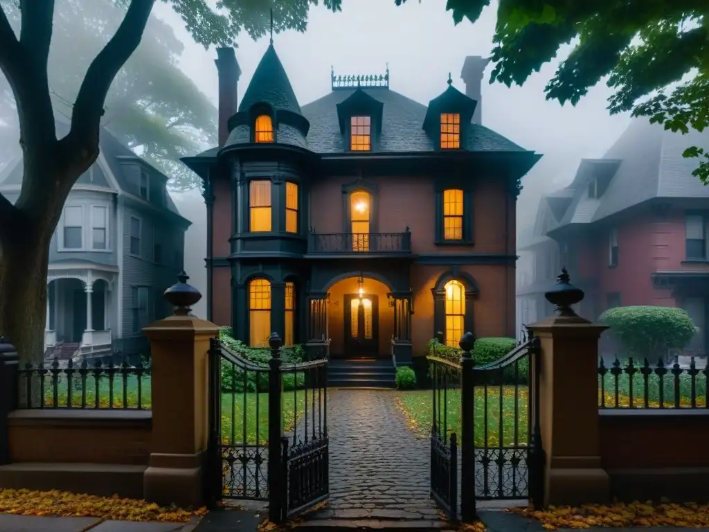 Misteriosa casa victoriana en Franklin Street: niebla, sombras y suspenso Casa encantada en la misteriosa Calle Franklin: una vista nocturna con niebla, enigmática y llena de suspense