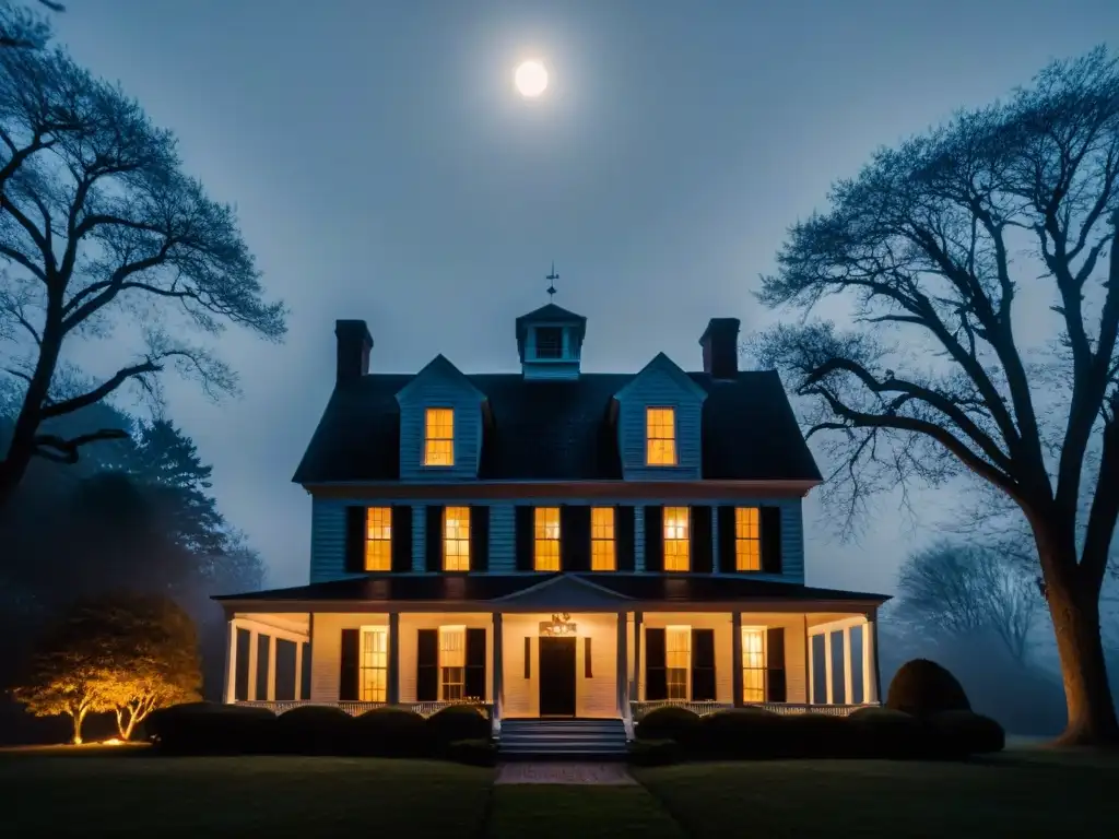 Una casa icónica de Amityville envuelta en niebla, con una luz sutil en las ventanas que sugiere presencia paranormal
