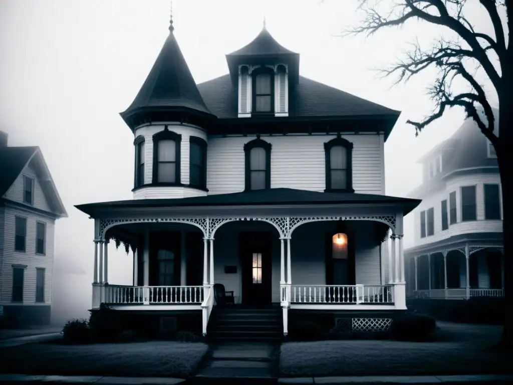 La Casa Encantada de Franklin: Misterio Victoriano Una casa victoriana en la Calle Franklin envuelta en niebla con figuras fantasmales, evocando un misterio paranormal