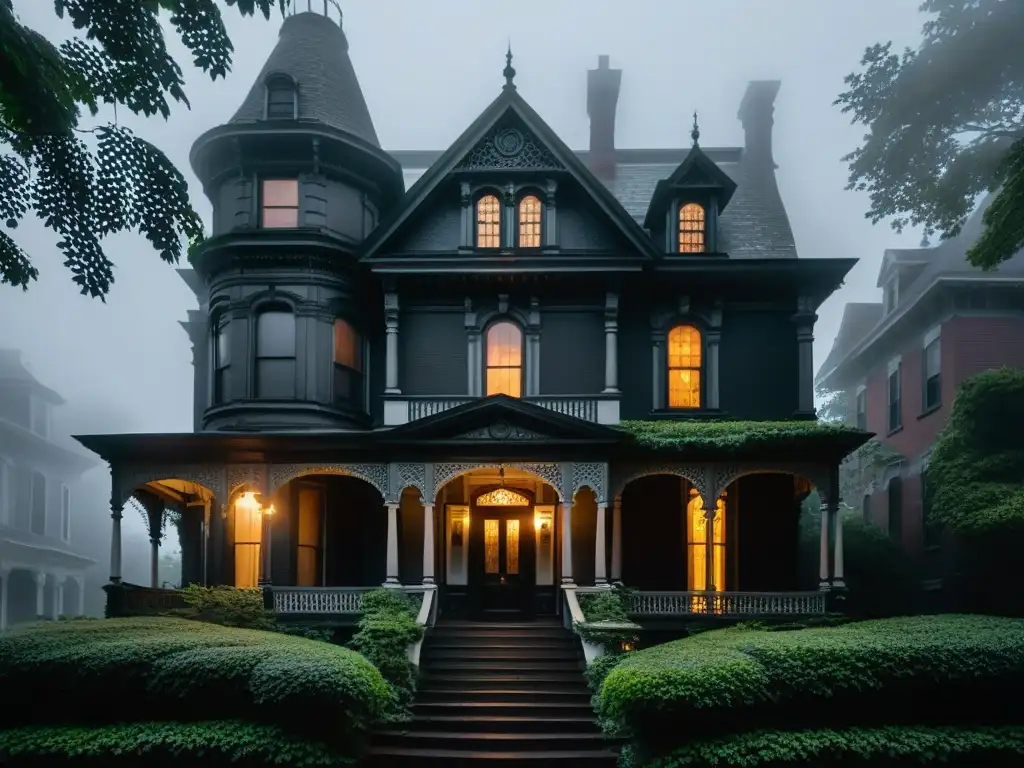 Imponente mansión victoriana envuelta en niebla al amanecer Una casa victoriana en la calle Franklin envuelta en niebla al amanecer, con una aura misteriosa y encantada