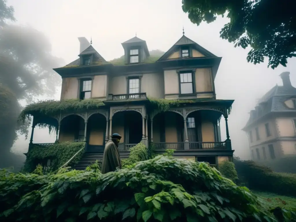 Una casa victoriana en ruinas envuelta en niebla, con presencia fantasmal y un soldado en sombras