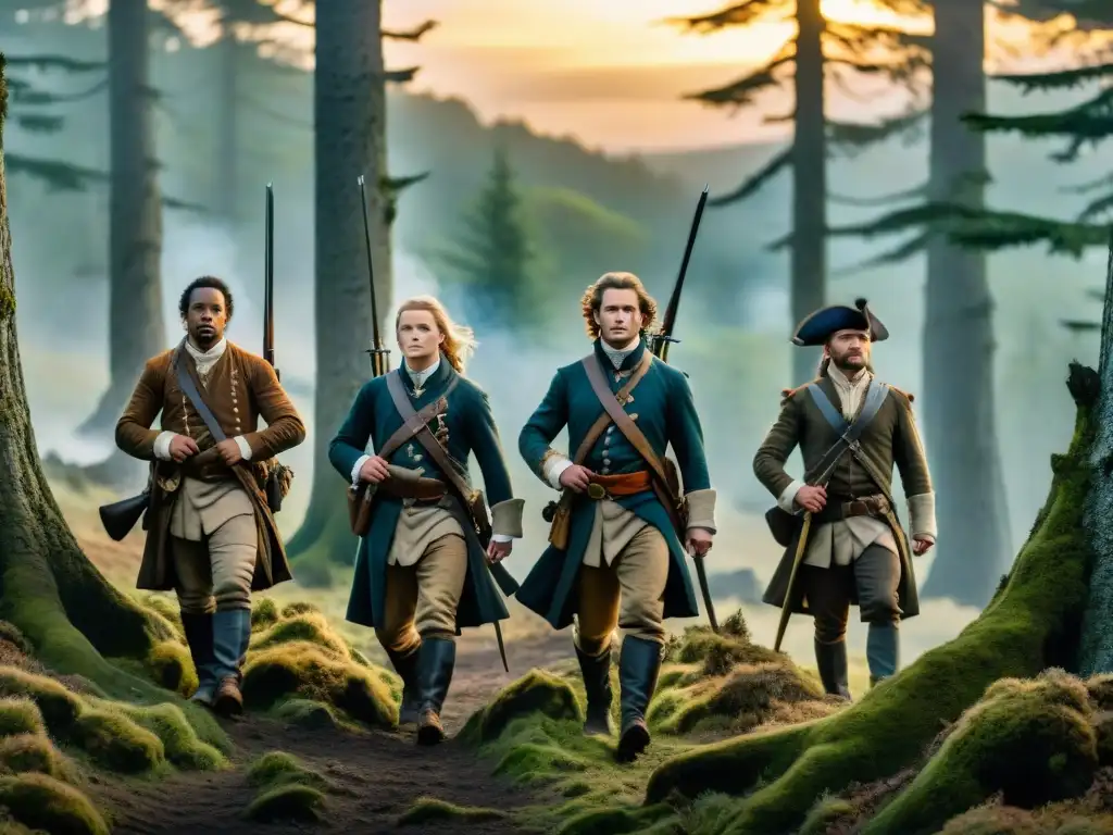 Cazadores del siglo XVIII en busca de la Bestia de Gévaudan en un bosque neblinoso al anochecer