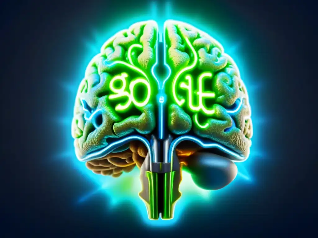 Mente iluminada: detalle del cerebro con caminos neurales en azul y verde Un cerebro humano detallado con vías neuronales iluminadas en azul y verde, rodeado de símbolos y letras extranjeras en un fondo misterioso