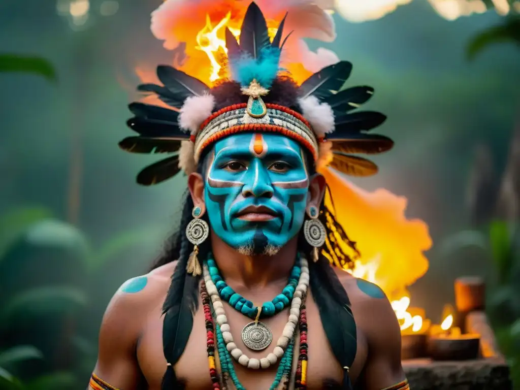Shamán maya en la jungla al amanecer Un chamán maya en la selva al amanecer, rodeado de símbolos, velas y plumas, con ruinas antiguas al fondo