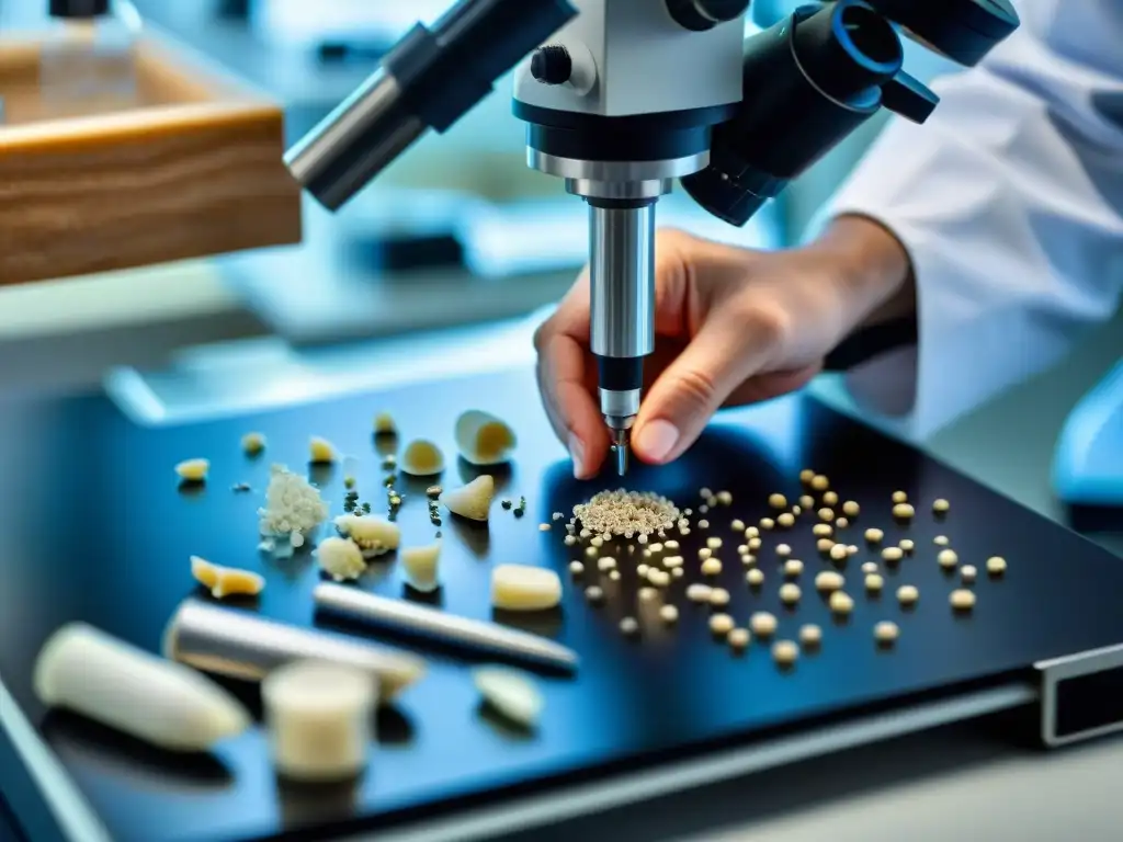 Extracción de ADN antiguo: Ciencia y arqueología se fusionan Un científico extrae ADN antiguo de un fragmento de hueso, desentrañando misterios genéticos en un laboratorio arqueológico moderno