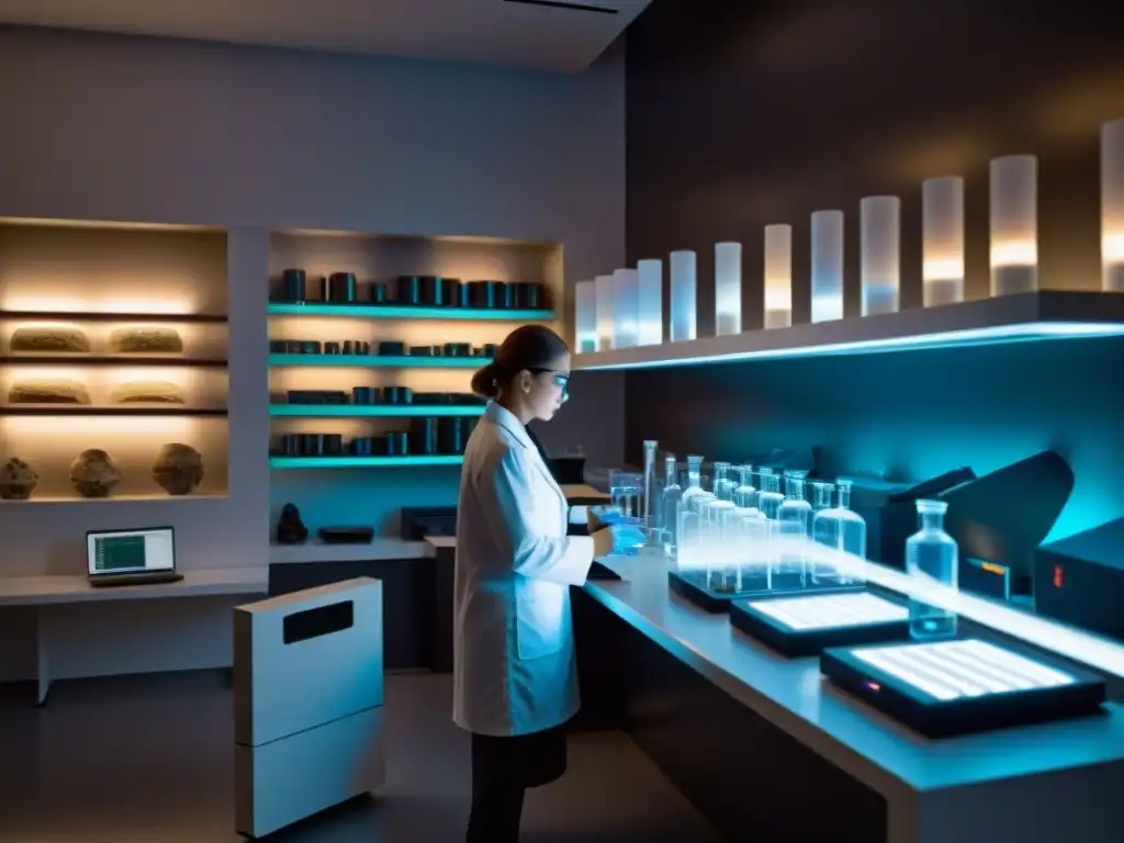 Descubrimientos genéticos en laboratorio ancestral Un científico en un laboratorio oscuro desentraña misterios genética antigua, iluminado por pantallas futuristas