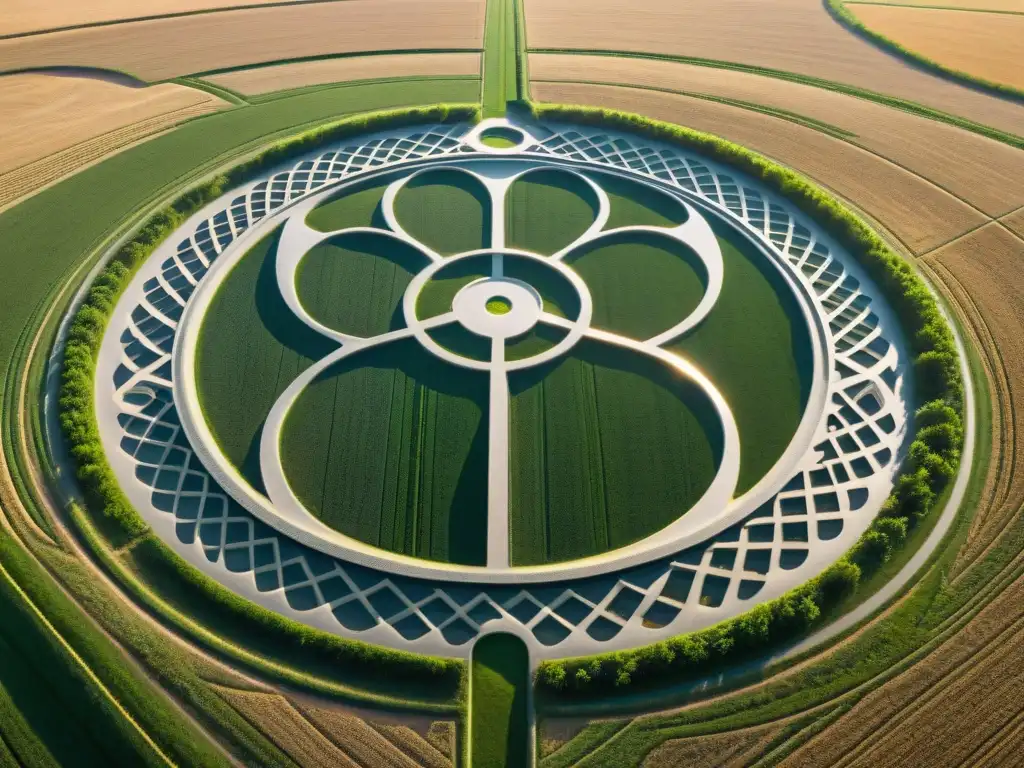 Misterioso crop circle: análisis científico en campo vasto Un círculo de cultivo intrincado en un campo vasto, con patrones geométricos complejos y personas en trajes hazmat