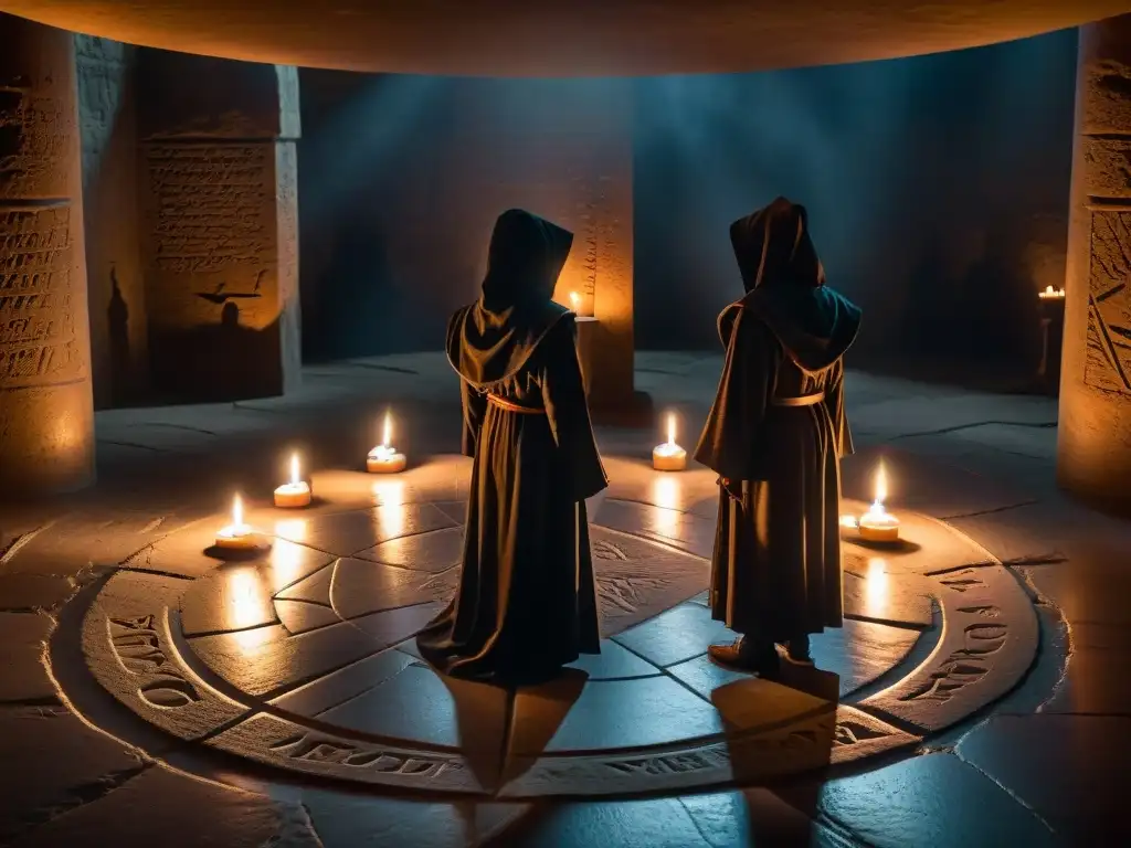 Conjuro oscuro: círculo de figuras encapuchadas en ritual Un círculo de figuras encapuchadas en una habitación misteriosa con velas titilantes y símbolos antiguos en el suelo