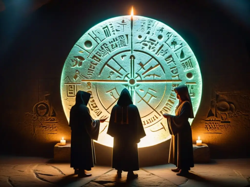 Círculo de sombras: Ritual místico en mapa antiguo Un círculo de figuras sombrías con capuchas alrededor de un mapa antiguo y brillante