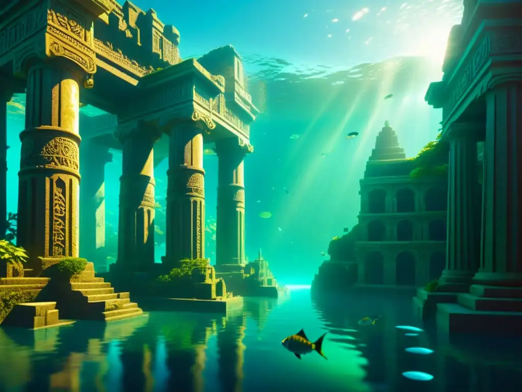 Atlantis: Ciudad sumergida en misterio y maravilla Una ciudad antigua sumergida en misterio y rodeada de ruinas submarinas, con arquitectura ornamental y pilares imponentes
