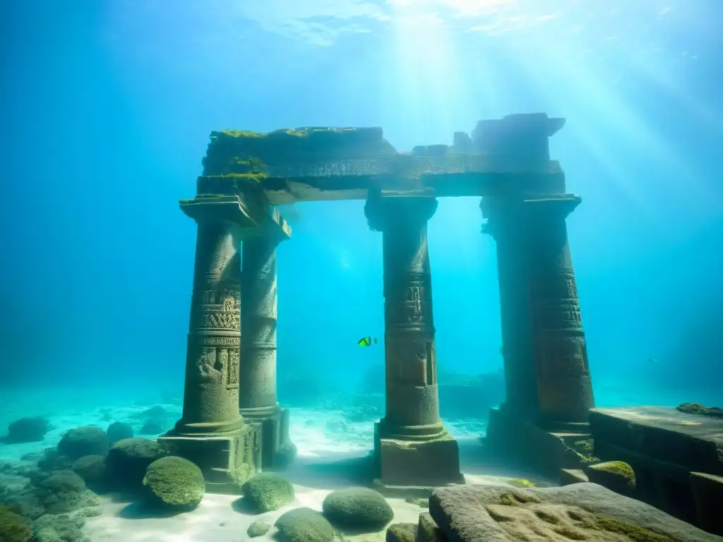 Ruinas sumergidas: misterio y belleza en la ciudad antigua bajo el mar Descubre la ciudad sumergida con misteriosos restos y símbolos, en la ubicación perdida de la Atlántida