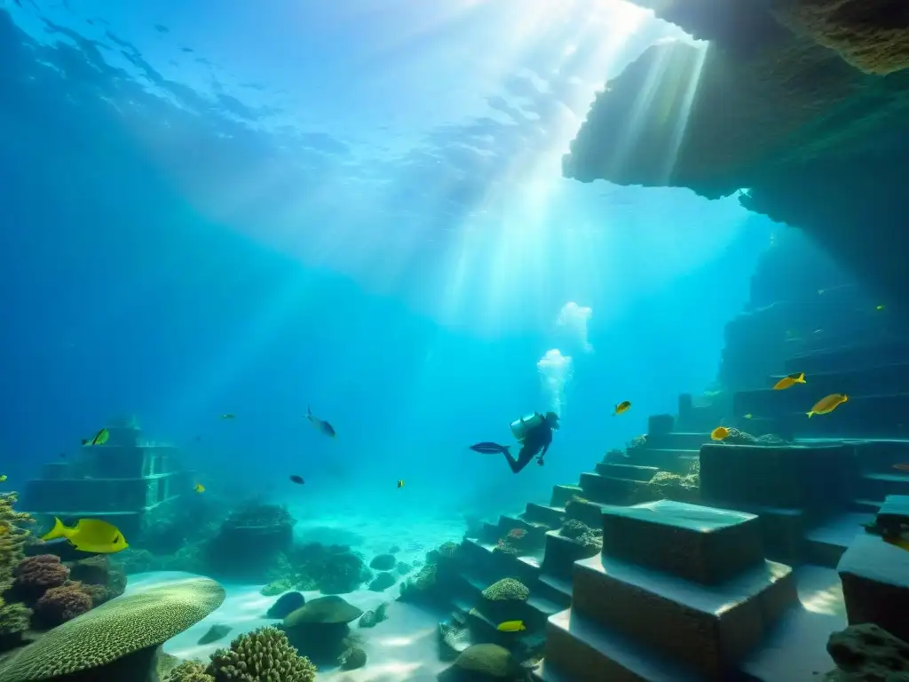 Ruinas ancestrales cubiertas de coral: misterios bajo el mar Descubre la ciudad sumergida de Dwarka Krishna, ruinas antiguas cubiertas de coral, peces coloridos y secretos ocultos bajo el mar