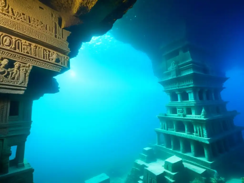 Ciudad sumergida de Dwarka: Misterios ancestrales bajo el mar Descubre la ciudad sumergida de Dwarka Krishna, templos antiguos y ruinas misteriosas iluminadas por la luz azul del mar
