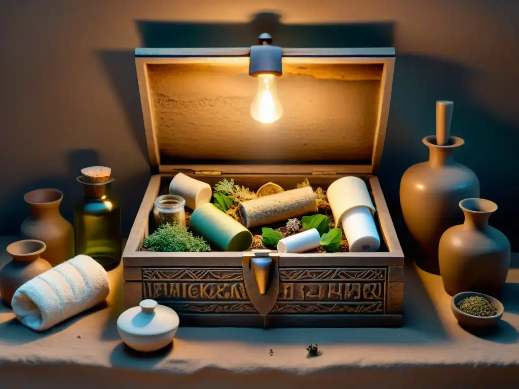 Un cofre antiguo lleno de hierbas, vendas y frascos misteriosos, rodeado de artefactos antiguos