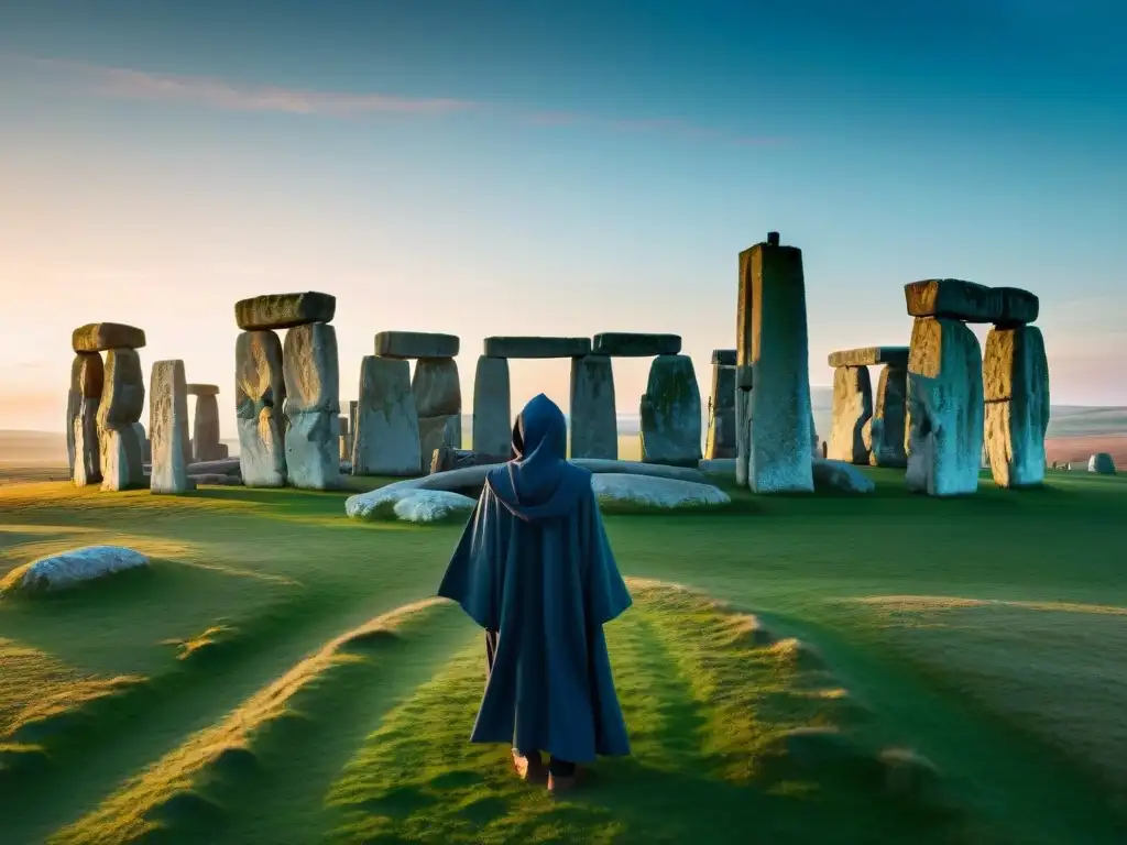 Rituales misteriosos en Stonehenge: Figuras encapuchadas al anochecer Conspiraciones en la antigüedad misteriosas: Figuras encapuchadas en círculo alrededor de Stonehenge al anochecer