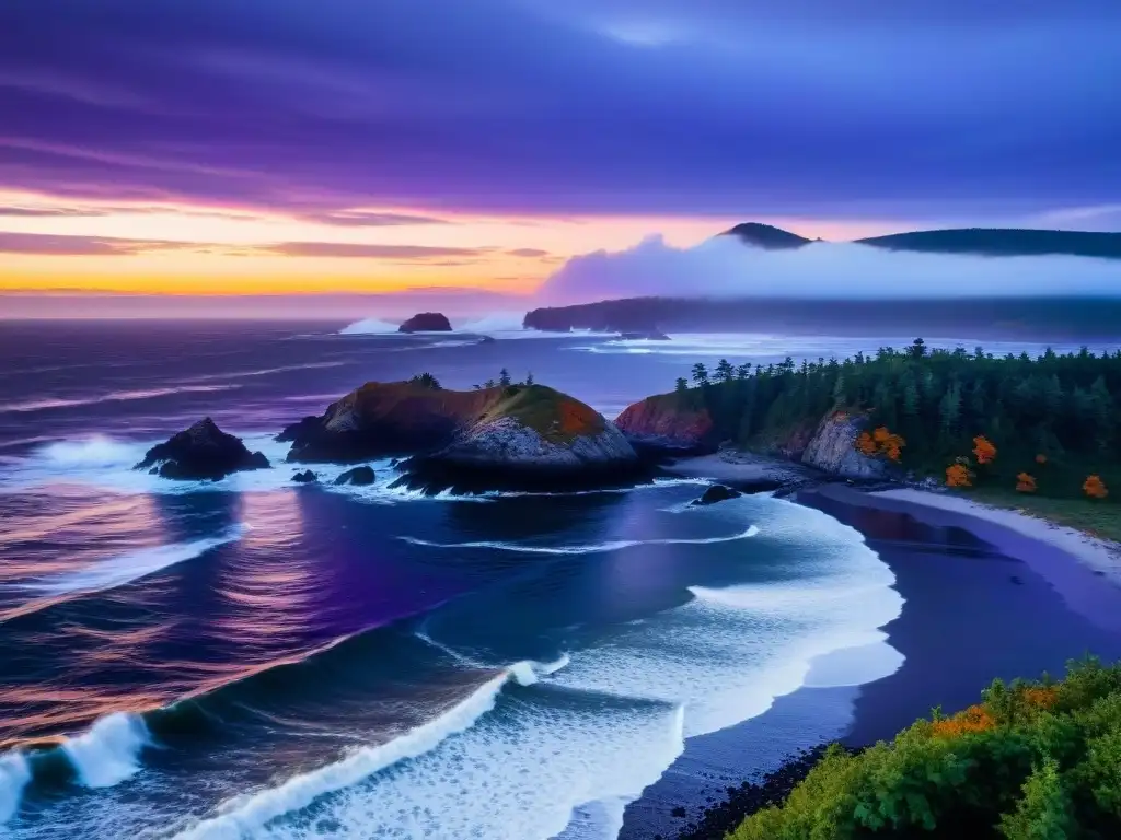 Misterios de Oak Island al Anochecer: Costa Impresionante Costa escarpada de Oak Island al atardecer, entre la niebla