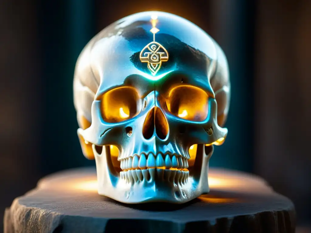 Calavera de cristal: misterio y enigma en alta resolución Un cráneo de cristal antiguo reposa en un pedestal de piedra, rodeado de misterio y enigmas