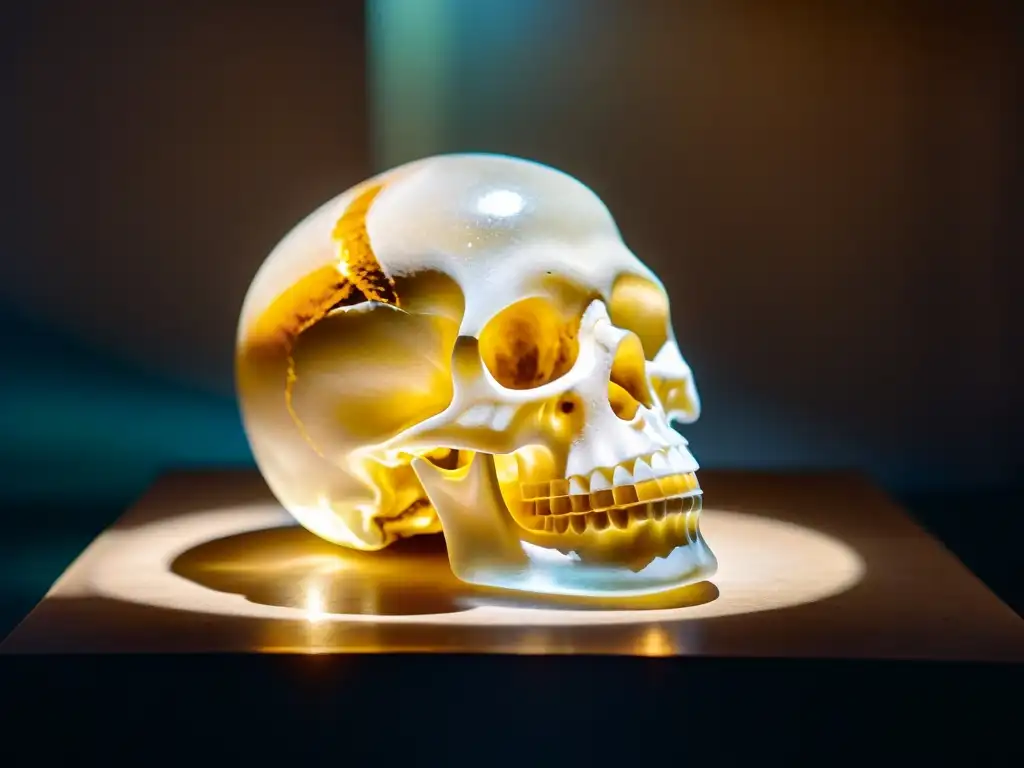 Calavera de cristal: detalle místico en pedestal Un cráneo de cristal auténtico reposa sobre un pedestal de piedra enigmático, iluminado por una mística luz