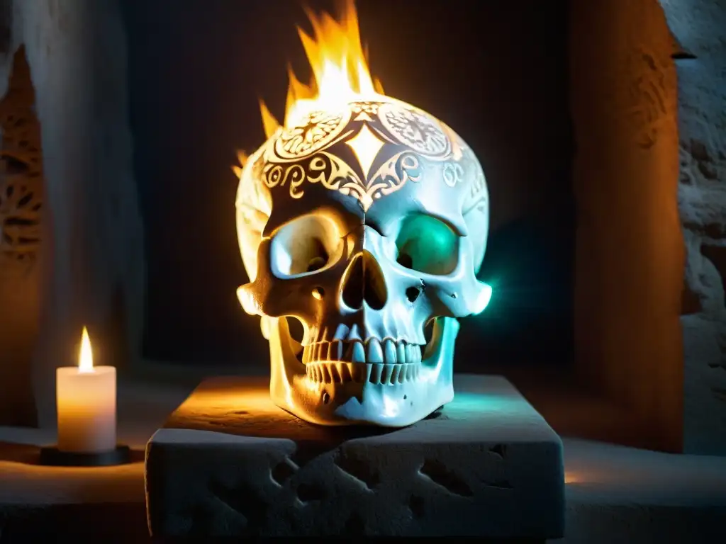 Calavera de cristal antigua: misterio iluminado en la oscuridad Un cráneo de cristal enigmático reposa en un pedestal antiguo, iluminado por antorchas en una caverna oscura