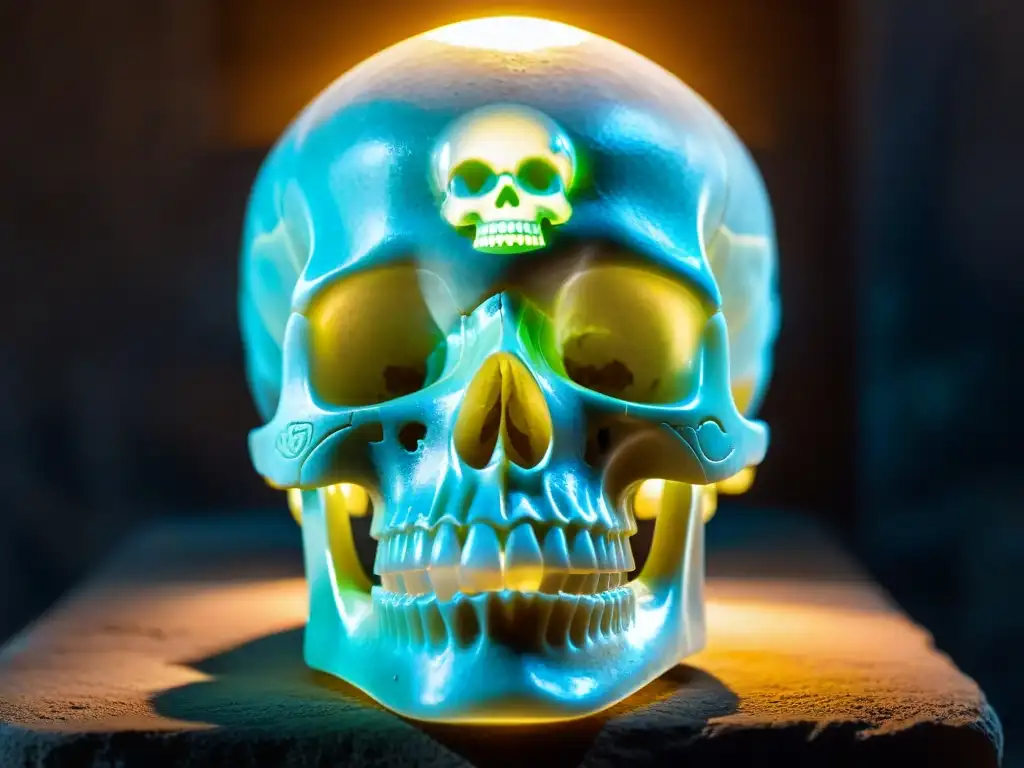 Calavera de cristal iluminada en templo antiguo Un cráneo de cristal tallado exuda sabiduría antigua en un templo misterioso