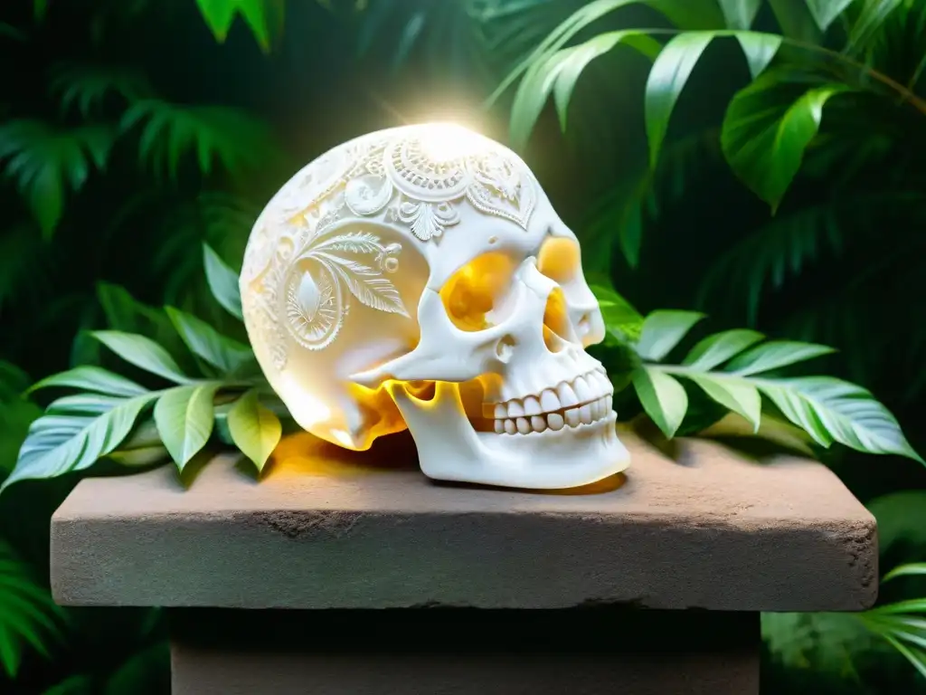 Calavera de cristal: sabiduría ancestral en la selva Un cráneo de cristal tallado descansa en un pedestal de piedra, iluminado por la luz filtrada en la selva