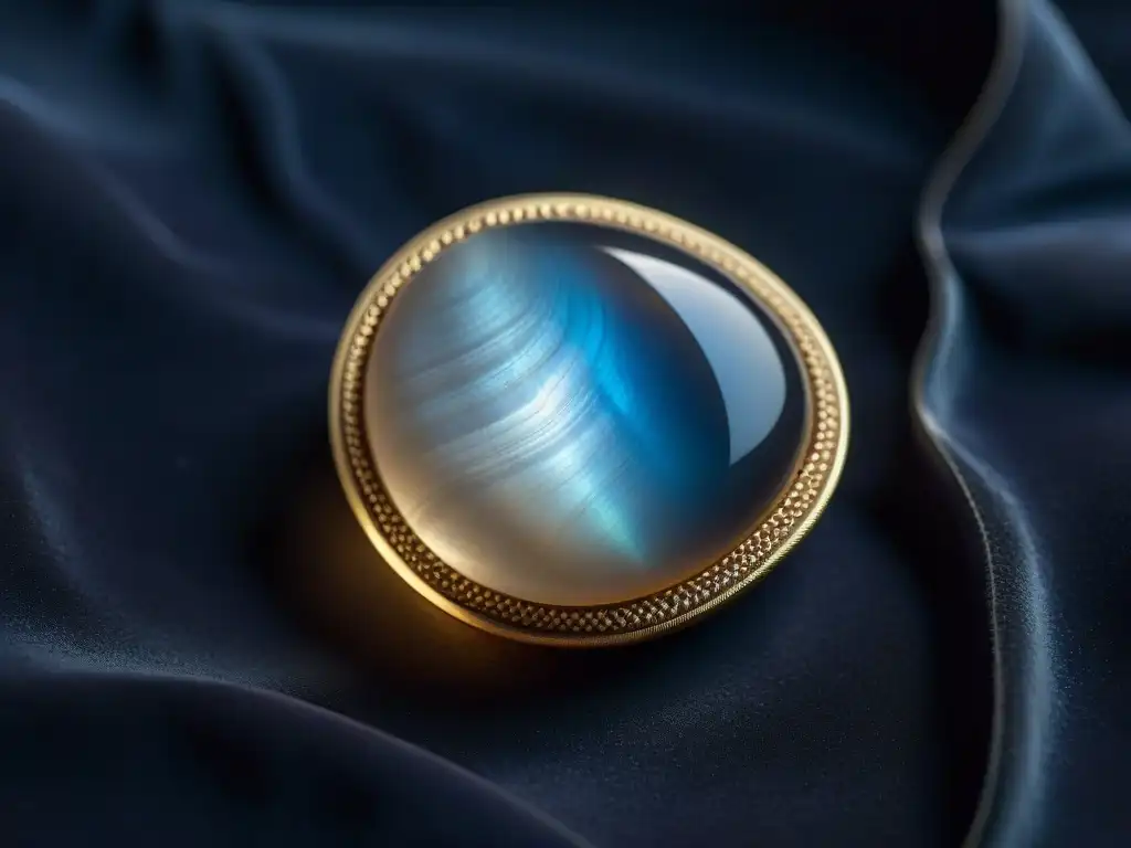 Moonstone misterioso: brillo etéreo bajo la luna llena Un cristal de piedra luna brillante reposa sobre terciopelo oscuro bajo la luz de la luna llena, mostrando su luminiscencia etérea
