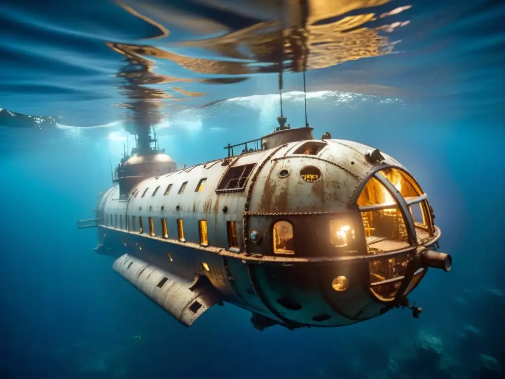 Descenso al Titanic: Misterios del Abismo Descenso misterioso de un submarino hacia el Titanic, iluminando ruinas y corrientes