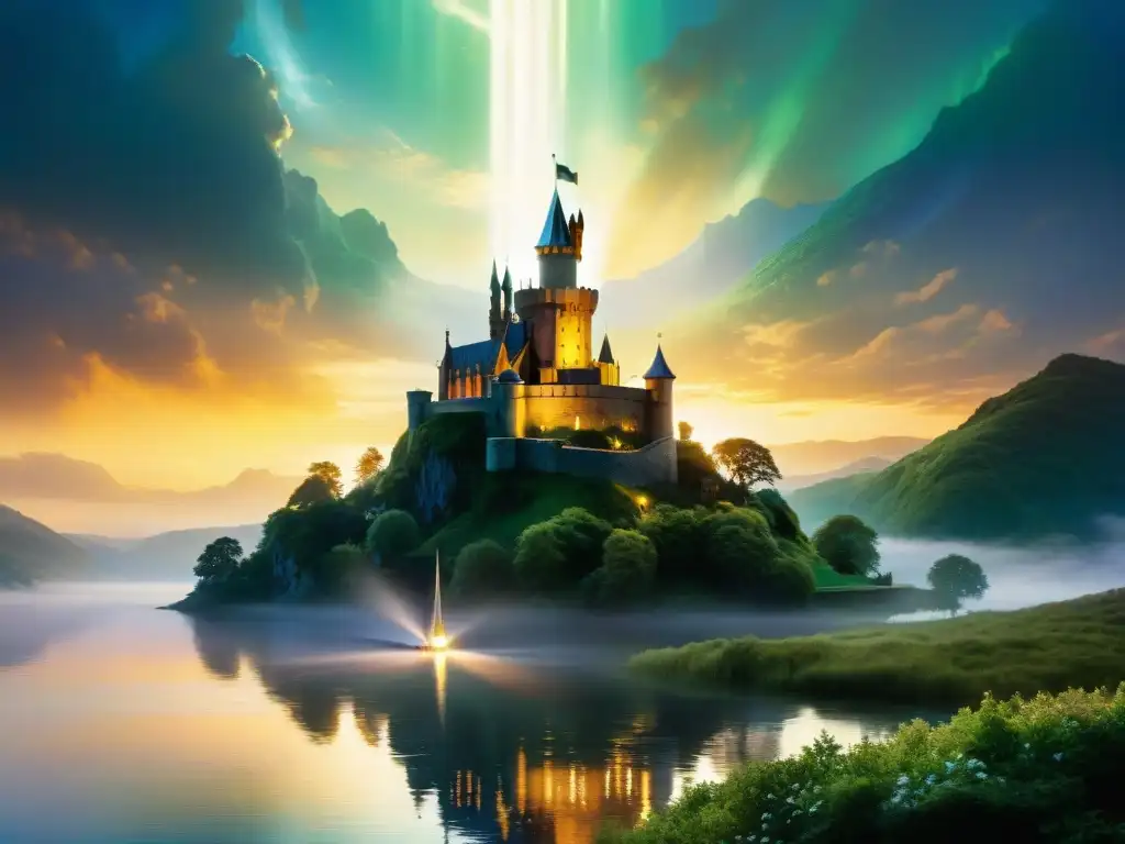 Castillo de Camelot al atardecer con Excalibur y la Dama del Lago Ilustración detallada de Camelot al atardecer, Excalibur brilla bajo la niebla mágica
