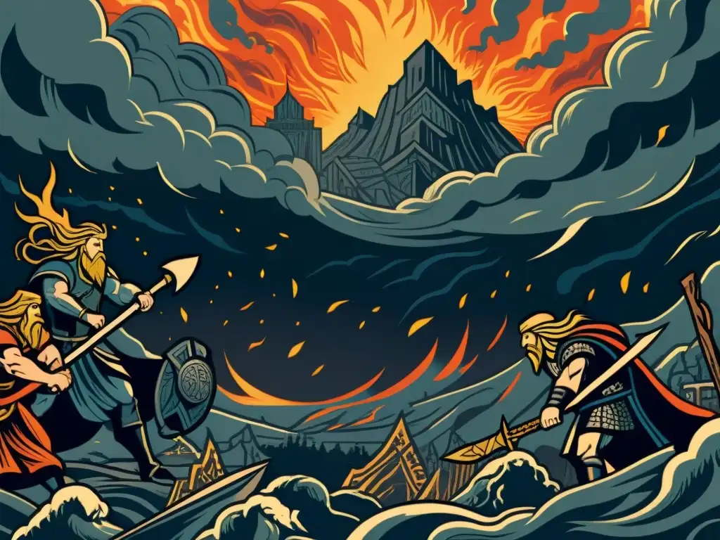 Ilustración detallada estilo xilografía del Ragnarök en mitología nórdica, con dioses y criaturas míticas en épica batalla