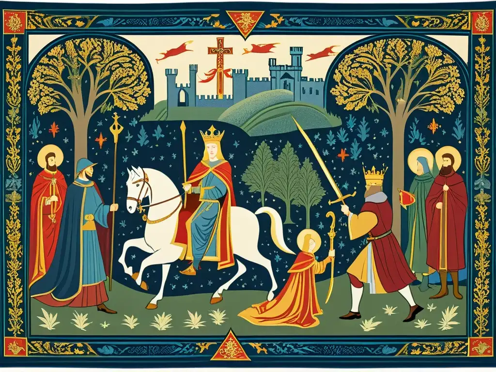 Rey Arturo saca Excalibur: tapestry medieval detallado Ilustración detallada de Rey Arturo sacando Excalibur de la piedra, rodeado de una aura mística y espectadores hipnotizados en atuendos de época