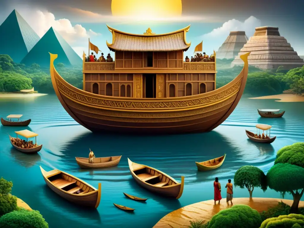 Ilustración detallada de mitos diluvio universal: Arca de Noé, Gilgamesh y otras culturas, con barcos, aguas y símbolos