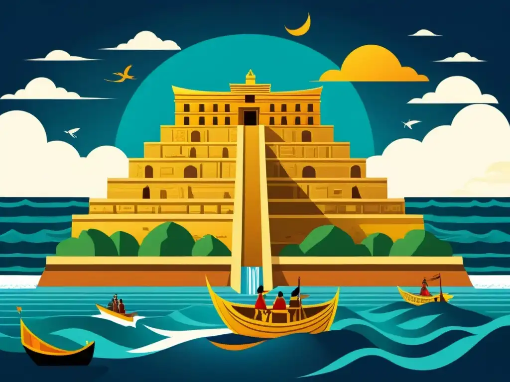 Ilustración detallada de mitos diluvio universal: Arca de Noé, zigurats, templos mayas y jeroglíficos egipcios, en tonos tierra
