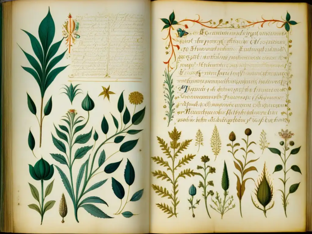 Misteriosas ilustraciones botánicas del Manuscrito Voynich: raíces intrincadas y flores etéreas en una página antigua Detallada página del Manuscrito Voynich con ilustraciones botánicas enigmáticas y misteriosas