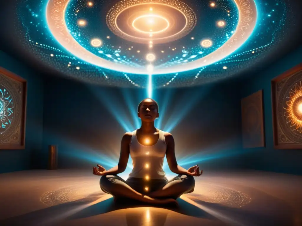 Ilustración detallada de una persona en meditación profunda, rodeada de energía etérea y luz, flotando sobre su propio cuerpo