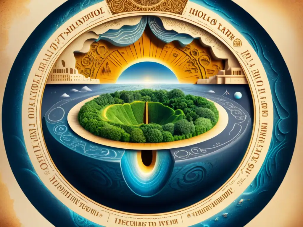 Misterioso mapa de la Tierra hueca: capas internas y civilizaciones Un detallado mapa antiguo de la Tierra hueca, con civilizaciones y ecosistemas internos rodeados de símbolos místicos y textos antiguos