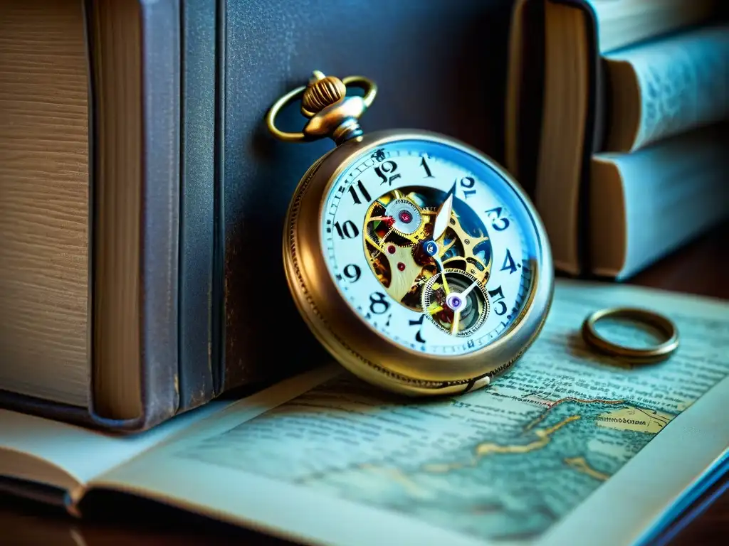 Misterioso reloj de bolsillo antiguo en escena enigmática Detallado reloj bolsillo antiguo con grabados, engranajes visibles, en habitación tenue con libros polvorientos y mapa vintage en mesa
