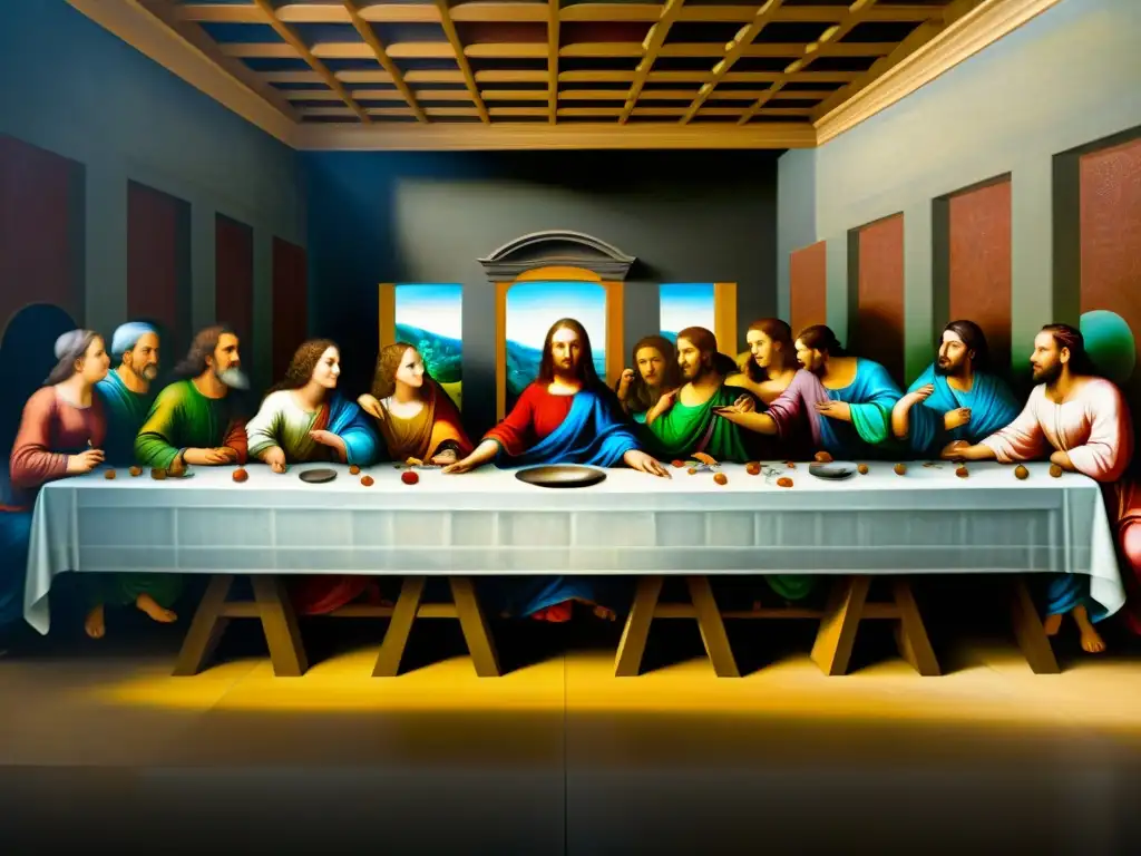 Detalle en alta resolución del mural La Última Cena de Leonardo da Vinci, resaltando la misteriosa aura y mensajes ocultos